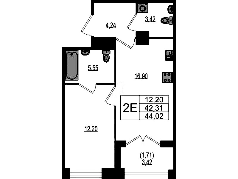 1-комнатная квартира 44.02 м², 1/4 эт., ЖК «Ranta Residence»